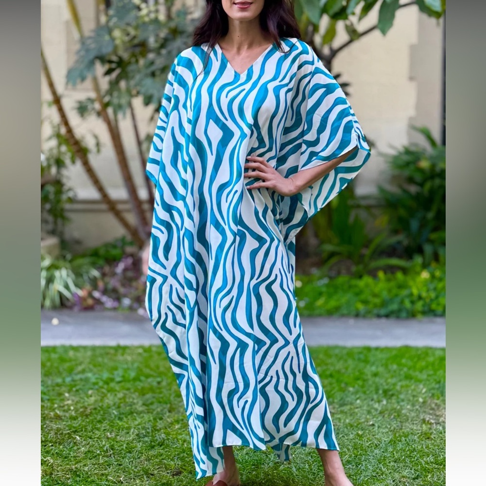 CARESS BLUE ABSTRACT MIX S-4X LOUNGE COVERUP ROBE RESORT MAXI DRESS KAFT…